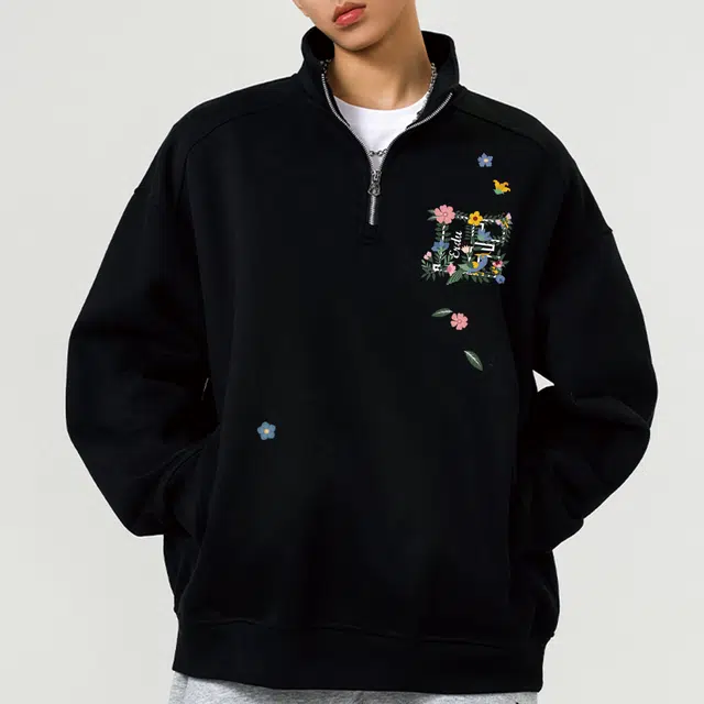 而度 国潮高街花朵印花半开襟宽松小众设计感上衣卫衣 男女同款