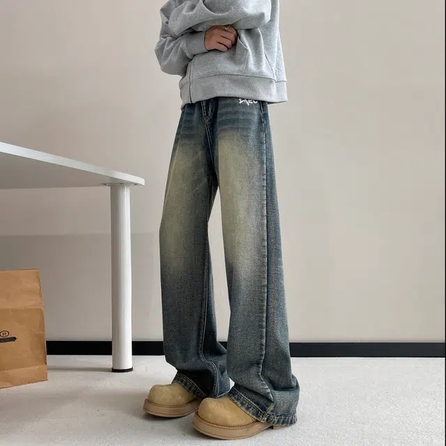 而度 美式复古螺纹水洗裂纹褶皱感阔腿直筒牛仔裤 男女同款