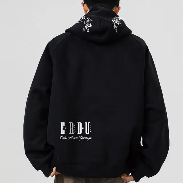 而度 美式复古半拉链精致印花连帽设计小众高级感卫衣 男女同款