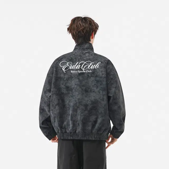 而度 复古美式立领质感绒面肌理前后精致印花工艺高街潮流百搭夹克外套皮衣 男女同款