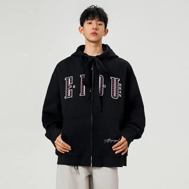 而度 美式复古字母印花宽松廓形质感面料潮流穿搭刚需连帽卫衣 男女同款