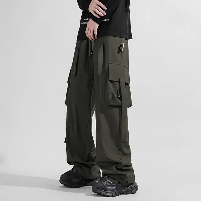 而度 美式纯色带卡扣口袋垂感降落伞兵裤美式复古高街潮牌百搭裤子直筒款式阔腿防风重工休闲机能风凉感速干工装裤 男女同款