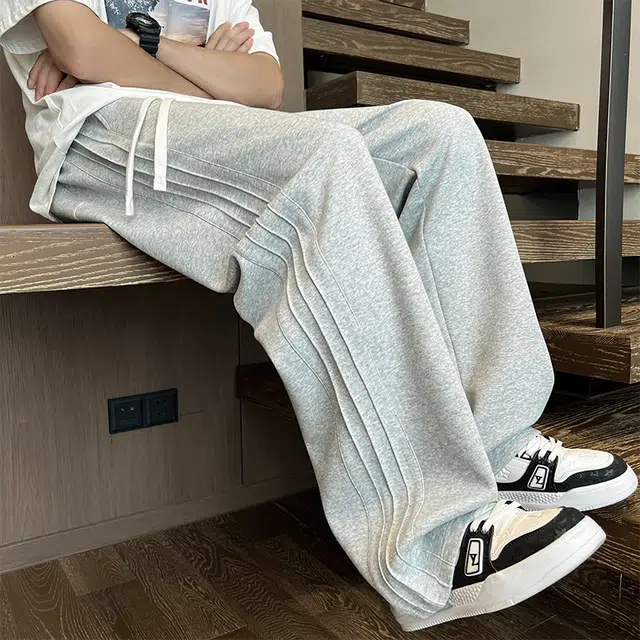 而度 重磅美式拖地阔腿宽松纯色褶皱结构纯棉侧边条纹版型穿搭显高显瘦无性别主义休闲裤 男女同款
