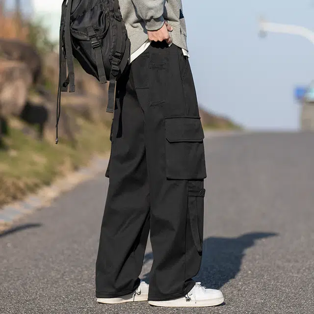 而度 日系简约风工装机能大口袋工装宽松直筒纯色立体潮牌大码时尚无性别主义微弹百搭中腰系带休闲裤 男女同款