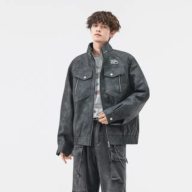 而度 高街复古蛇纹肌理工装多口袋精致印花工艺立领质感美式潮牌夹克外套皮衣 男女同款