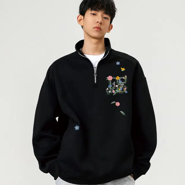 而度 国潮高街花朵印花半开襟宽松小众设计感上衣卫衣 男女同款