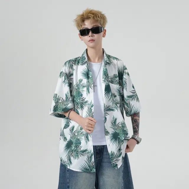 而度 美式经典植物印花夏威夷老钱轻薄宽松休闲百搭时尚简约垂感休闲翻领排扣松弛感无性别主义短袖衬衫 男女同款