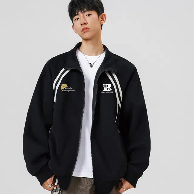 而度 复古运动风花卉印花撞色条纹精致工艺宽松廓形立领外套潮人连帽卫衣 男女同款