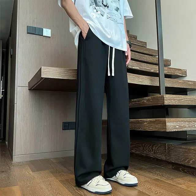 而度 重磅美式拖地阔腿宽松纯色褶皱结构纯棉侧边条纹版型穿搭显高显瘦无性别主义休闲裤 男女同款