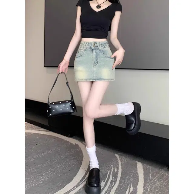 依钗 美式复古高腰包臀小个子大码防走光半身裙裤牛仔短裙 女款
