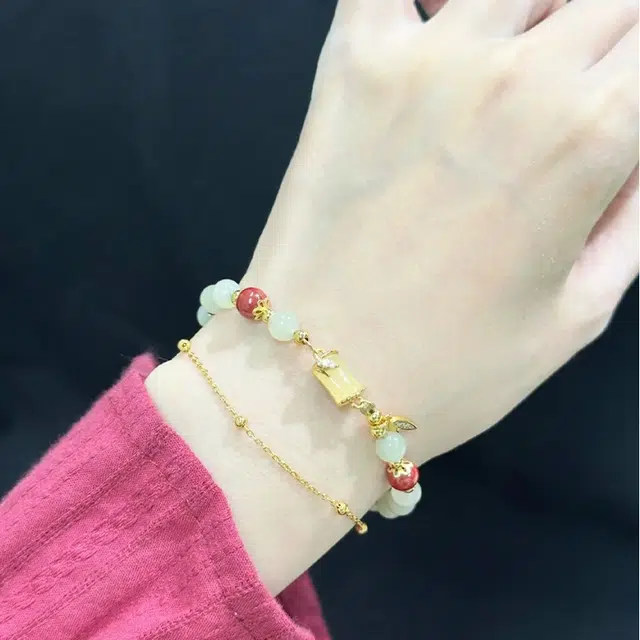 【赠金手机贴】 华髻 节节高升 竹节新中式国潮小众设计高级感轻奢风古风小清新 叠穿双链 玉髓 玉石手串 男女同款情侣款