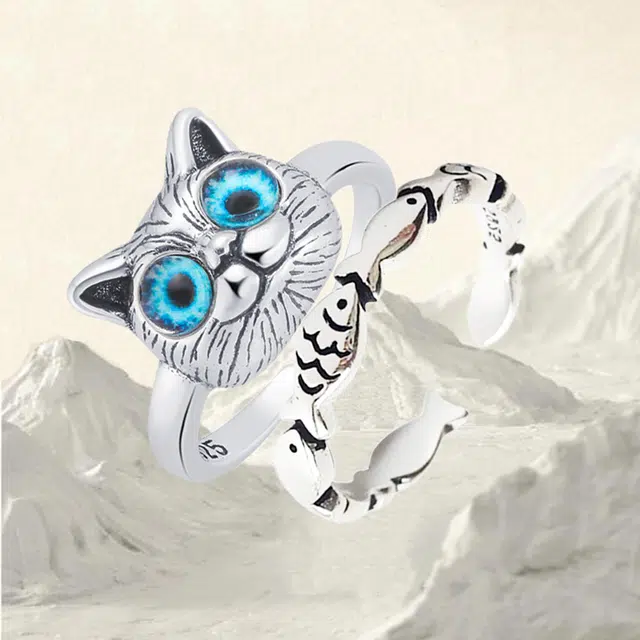 华髻 猫猫鱼鱼 可爱复古做旧款民族风个性开口 银鱼群锦鲤 合金 戒指 男女同款情侣款
