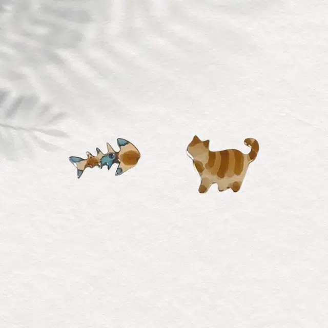 华髻 成为你的小猫 可爱猫咪小鱼 复古不对称小众设计高级感 合金 耳钉 女款