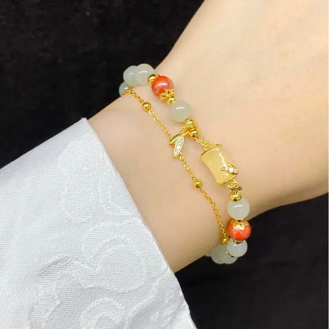 【赠金手机贴】 华髻 节节高升 竹节新中式国潮小众设计高级感轻奢风古风小清新 叠穿双链 玉髓 玉石手串 男女同款情侣款