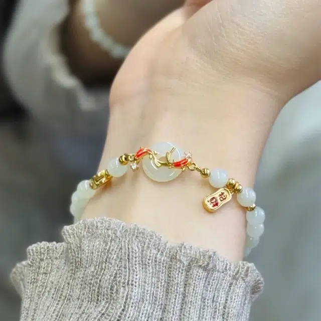 【赠手机贴】 华髻 锦鲤平安扣银 玉髓 玉石手串 男女同款情侣款