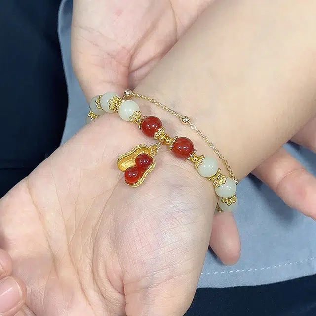 【赠金手机贴】 华髻 好事花生 新中式国潮古风简约招财转运叠戴好招财 小众设计高级感轻奢鸿运 玉髓 手串 男女同款情侣款