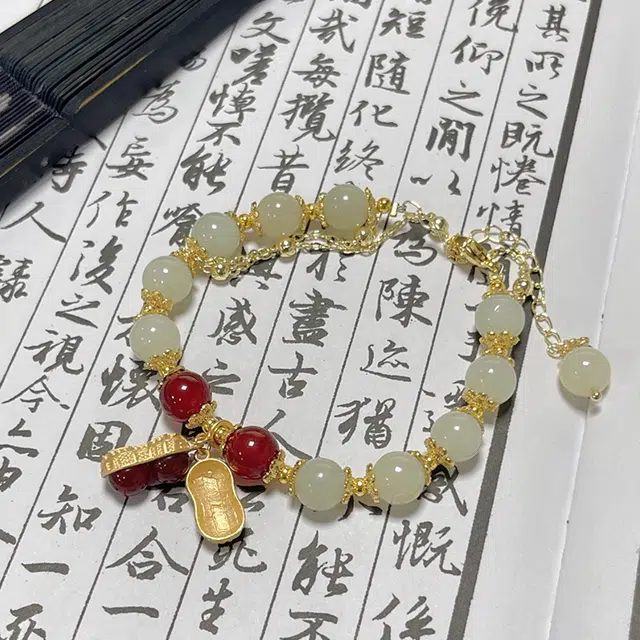 【赠金手机贴】 华髻 好事花生 新中式国潮古风简约招财转运叠戴好招财 小众设计高级感轻奢鸿运 玉髓 手串 男女同款情侣款