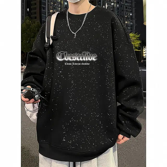 草本初色 哥特式字母圆领宽松满天星亮片工艺卫衣 男女同款 黑色