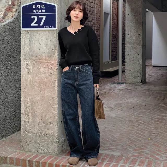 法儿家 弯月丹宁秋冬韩系通勤慵懒高腰直筒休闲牛仔裤 男女同款 蓝色