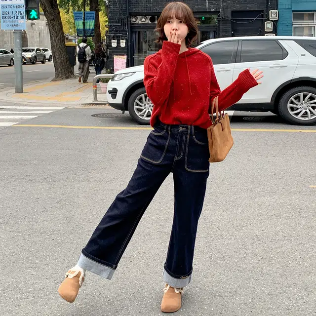 法儿家 深蓝漫步韩系气质感百搭深色直筒休闲牛仔裤 女款 蓝色