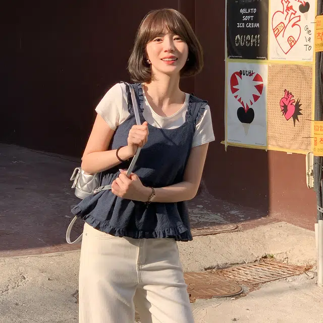 法儿家 蓝调小岛韩系甜美氛围感外穿格纹上衣吊带 女款 藏蓝色