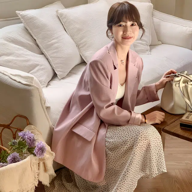法儿家 蕾丝口袋初春韩版设计感宽松西装外套 女款 粉色