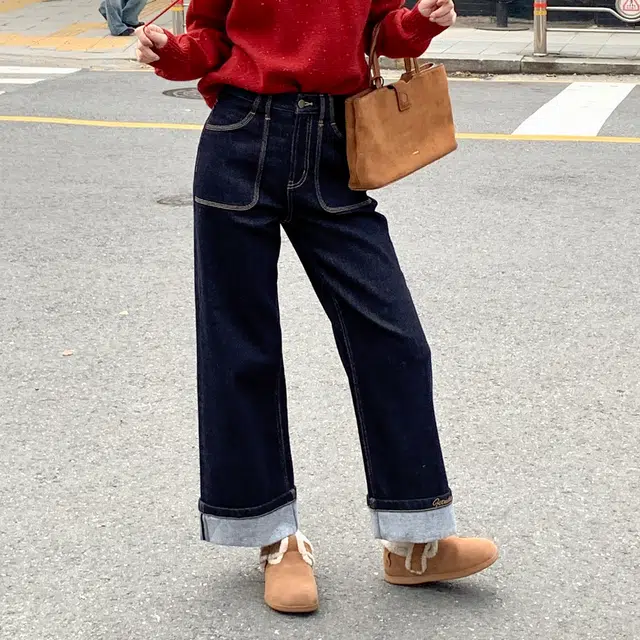 法儿家 深蓝漫步韩系气质感百搭深色直筒休闲牛仔裤 女款 蓝色