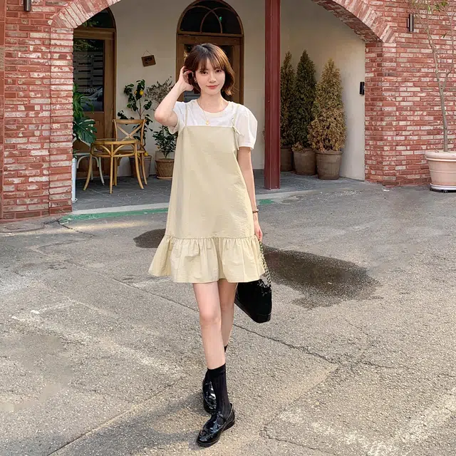法儿家 小个子法式气质吊带连衣裙 女款 卡其色