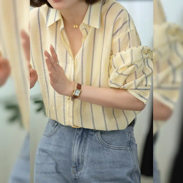法儿家 甜果苏打早春韩系减龄条纹浅色长袖衬衫 女款