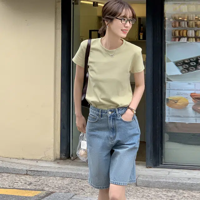 法儿家 复古口袋高腰五分直筒牛仔短裤 女款 蓝色
