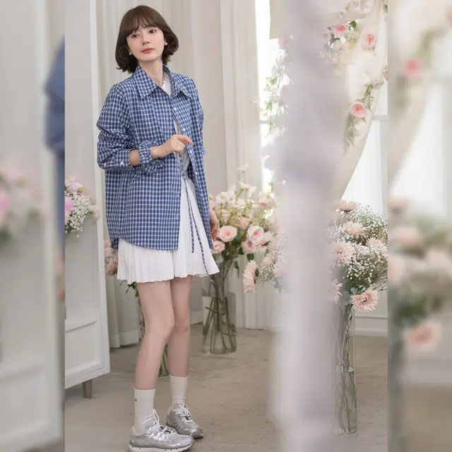 法儿家 格纹便签早春韩系学院风减龄宽松格纹衬衫 女款 蓝色