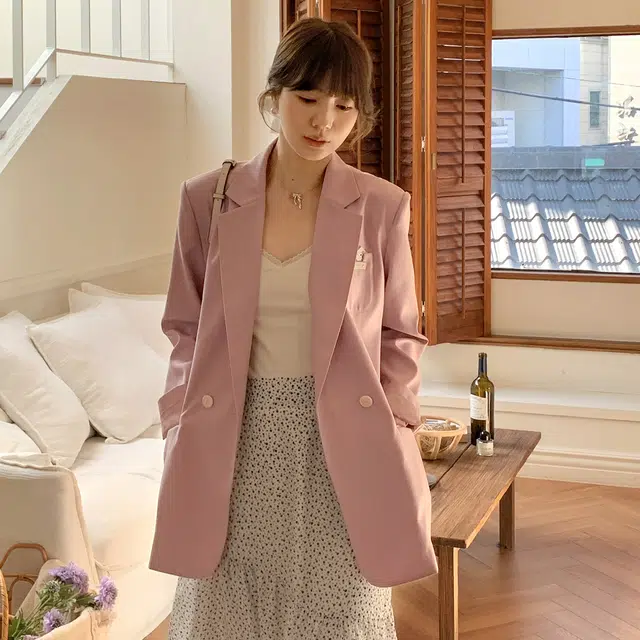 法儿家 蕾丝口袋初春韩版设计感宽松西装外套 女款 粉色