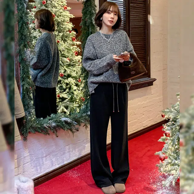 法儿家 豆豆花纱 韩系通勤圆领套头打底针织衫 女款 花灰色