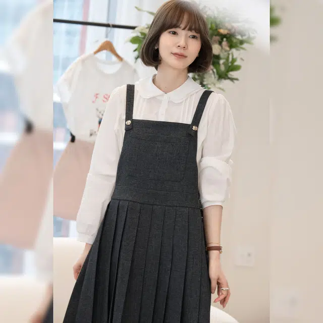 法儿家 学院少女韩系学院风通勤百搭百褶背带连衣裙 女款 深灰色