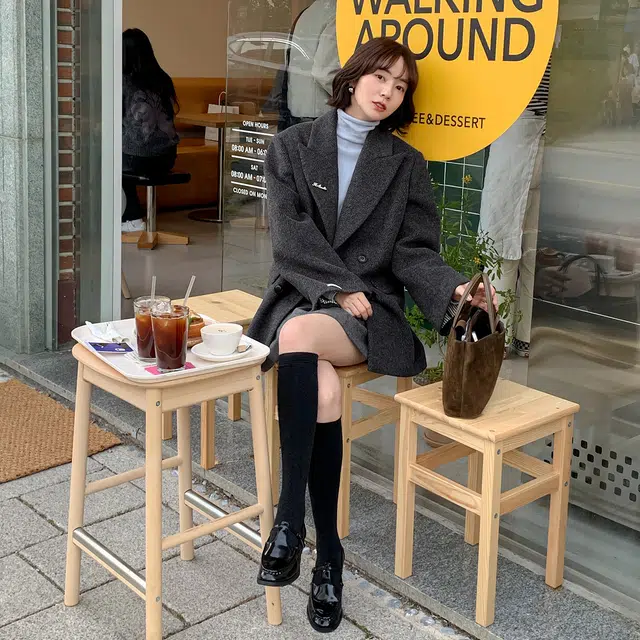 法儿家 通勤笔记 韩系小个子毛呢西装领休闲长袖绒感外套 女款 灰色