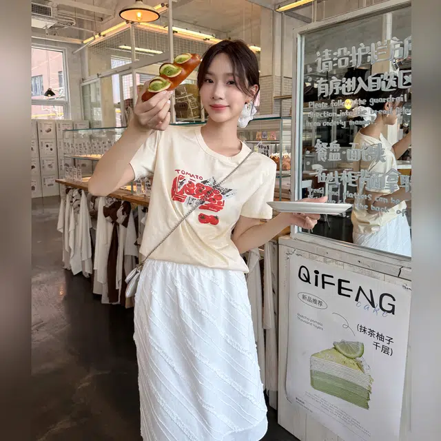 法儿家 柔软浪花夏季韩系纯棉设计感木耳花边半身休闲长裙 女款