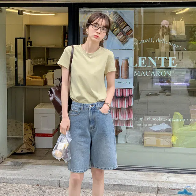 法儿家 复古口袋高腰五分直筒牛仔短裤 女款 蓝色
