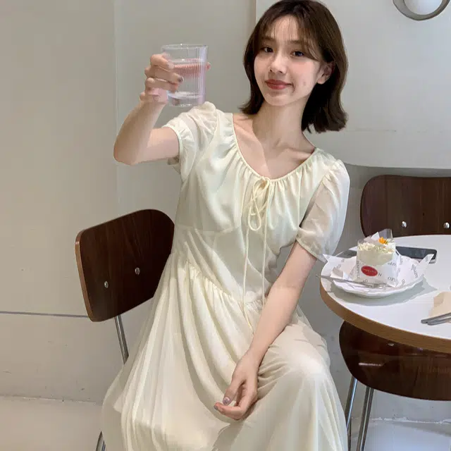 法儿家 韩系温柔百搭舒适短袖连衣裙 女款 米杏色