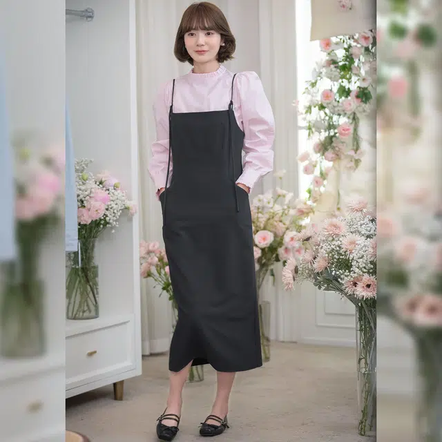 法儿家 日落时分早春韩系优雅气质辣妹吊带连衣裙 女款 黑色