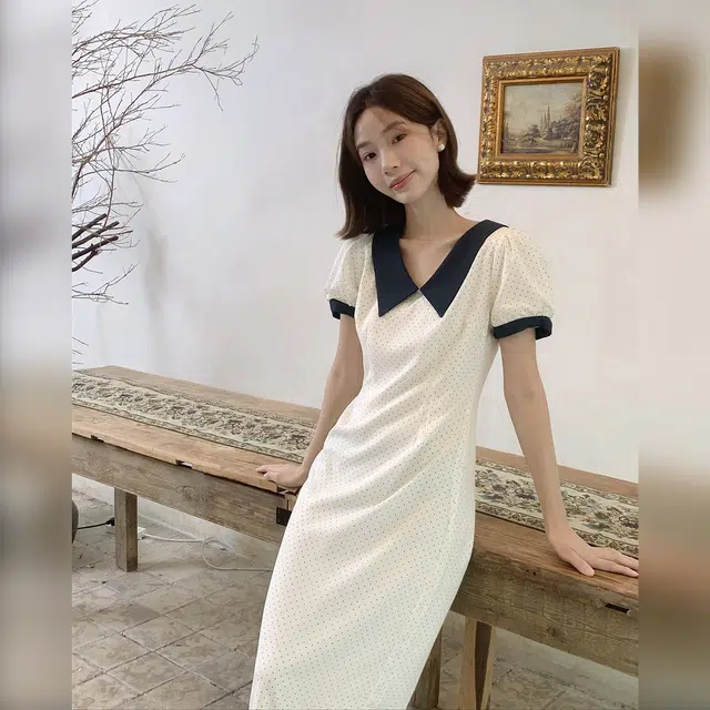 法儿家 塞纳波点韩系气质感撞色收腰短袖连衣裙 女款 米杏色