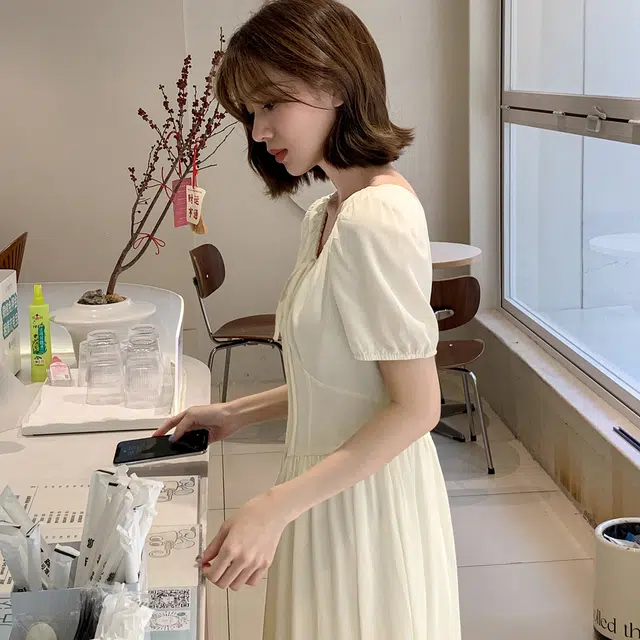 法儿家 韩系温柔百搭舒适短袖连衣裙 女款 米杏色
