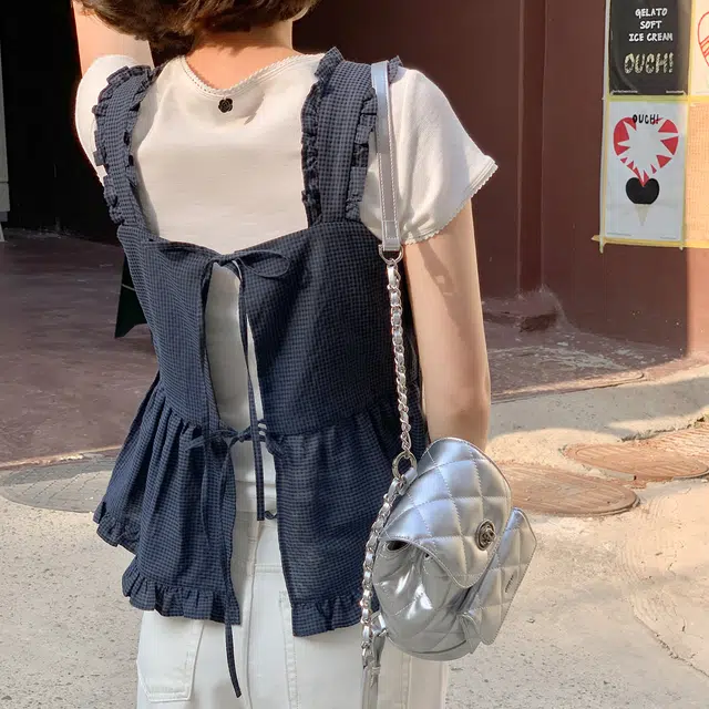 法儿家 蓝调小岛韩系甜美氛围感外穿格纹上衣吊带 女款 藏蓝色