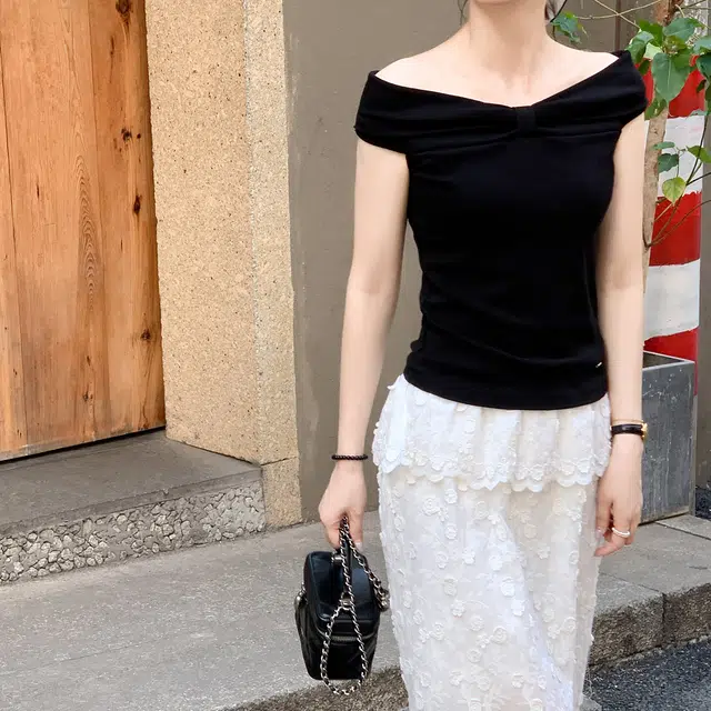 法儿家 栀子花墙韩系纯棉蕾丝拼接刺绣半身休闲长裙 女款