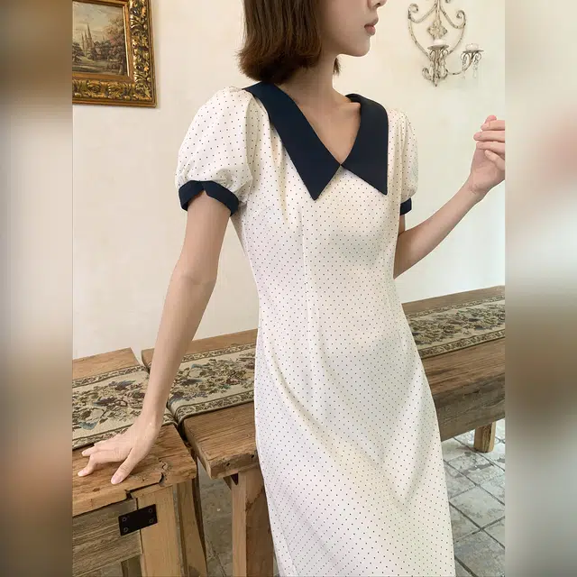 法儿家 塞纳波点韩系气质感撞色收腰短袖连衣裙 女款 米杏色