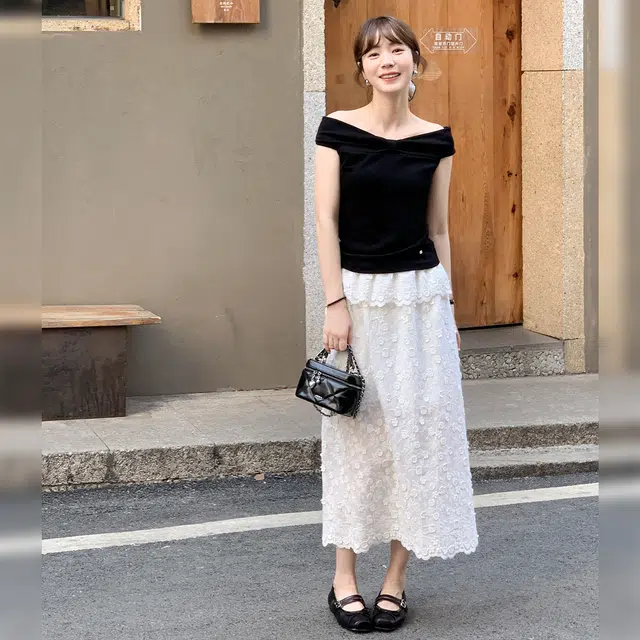 法儿家 栀子花墙韩系纯棉蕾丝拼接刺绣半身休闲长裙 女款