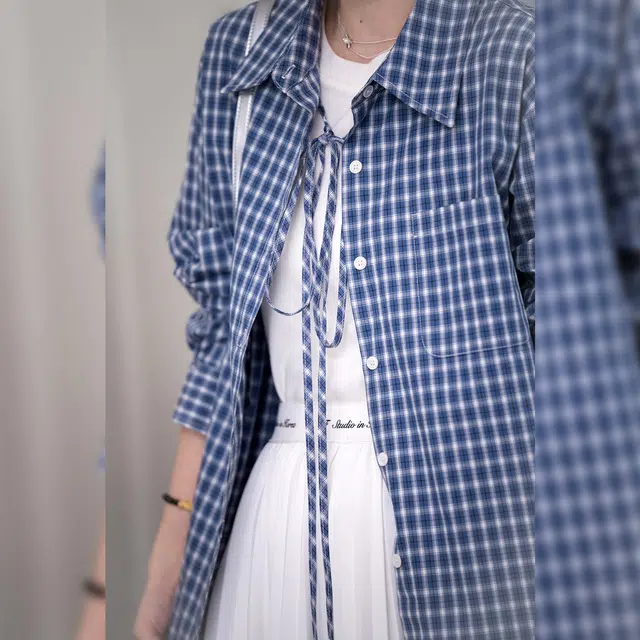 法儿家 格纹便签早春韩系学院风减龄宽松格纹衬衫 女款 蓝色