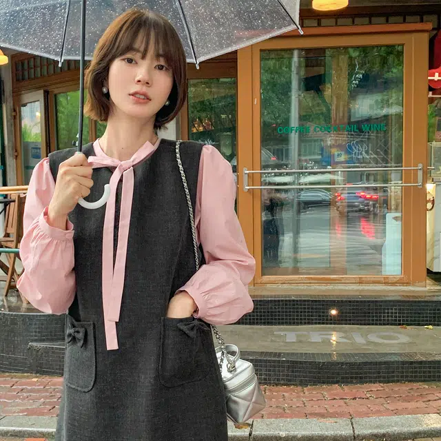 法儿家 立领泡泡袖宽松法式长袖衬衫 女款 粉色