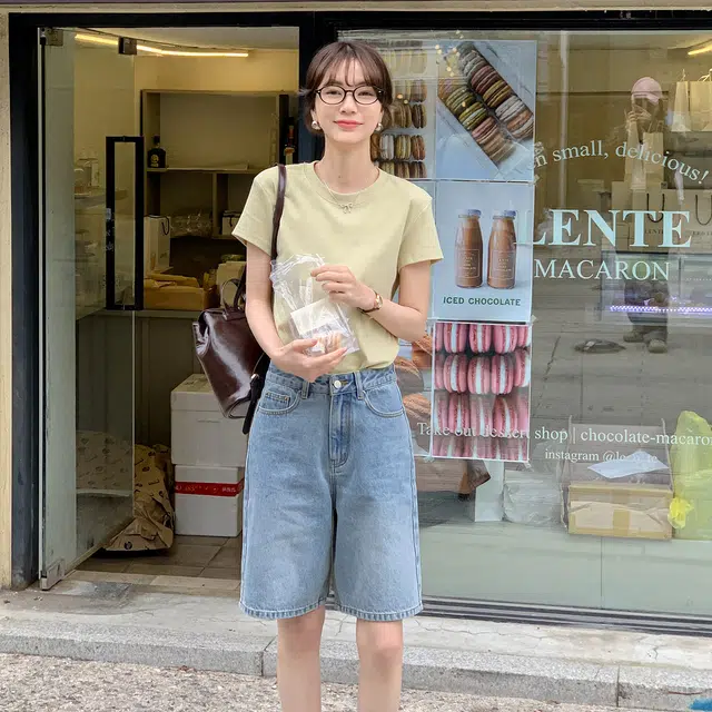 法儿家 复古口袋高腰五分直筒牛仔短裤 女款 蓝色