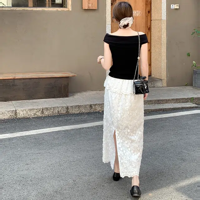 法儿家 栀子花墙韩系纯棉蕾丝拼接刺绣半身休闲长裙 女款