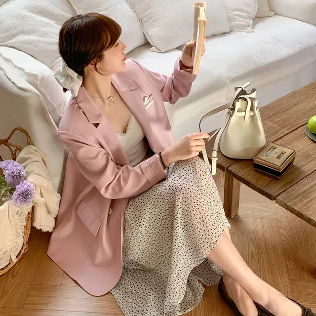 法儿家 蕾丝口袋初春韩版设计感宽松西装外套 女款 粉色